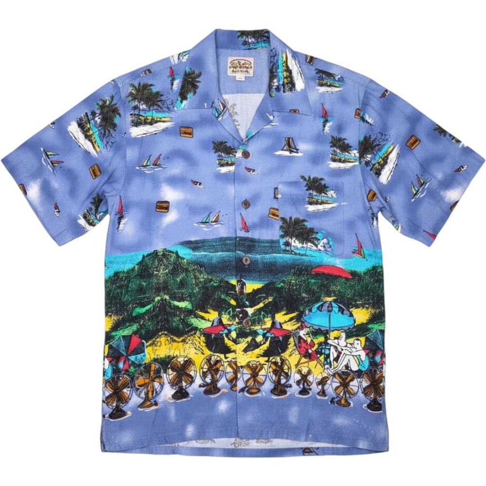 Pineapple Connection Hawaiian Shirt Mens Small Blue Rayon Beach Scene Vintage